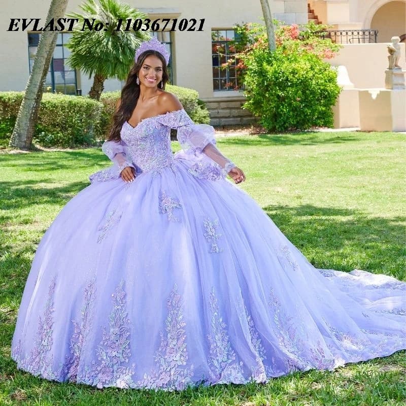 EVLAST Messicano Lavanda Abito stile Quinceanera Abito da ballo Manica a sbuffo Applique in pizzo Perline Fiocco Dolce 16 Abiti XV 15 Anos SQ113