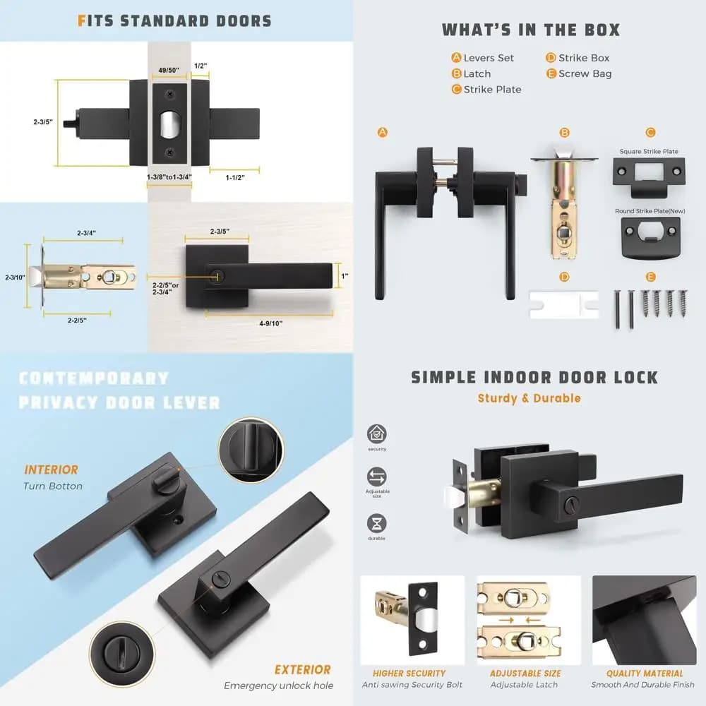 Set di 4 Maniglie per Porte in Nero Opaco con Leve, Pomelli Privacy per Porte Interne o da Bagno, Reversibili per Porte a Sinistra e a Destra