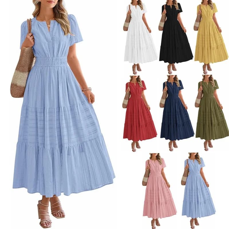 2025 Abbigliamento da donna europeo e americano Scollo a V maniche a palloncino pieghettate Abito a maniche corte con pendolo grande