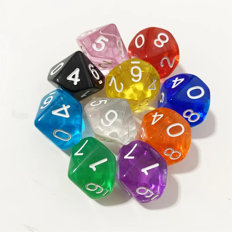 50 pz/lotto dadi colorati trasparenti D10 (0-9) per giochi da tavolo DND dadi a 10 lati