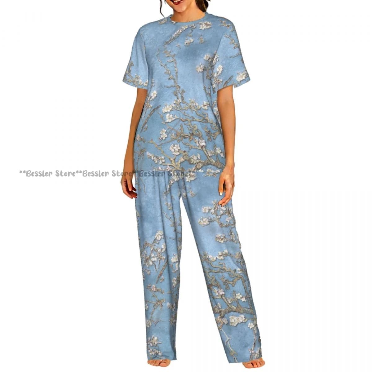 Women's pyjamas, nightwear set, blue with cherry blossoms, short sleeves