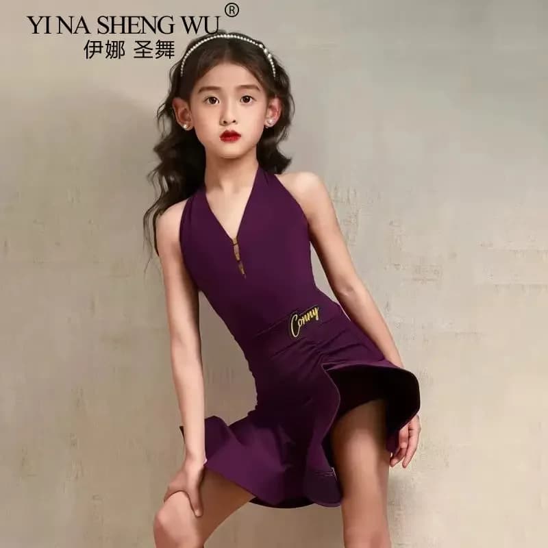 Vestito da ballo latino per ragazze Gonna arricciata con scollo all'americana viola senza maniche Bambini Salsa Rumba Cha Cha Costume da competizione per bambini