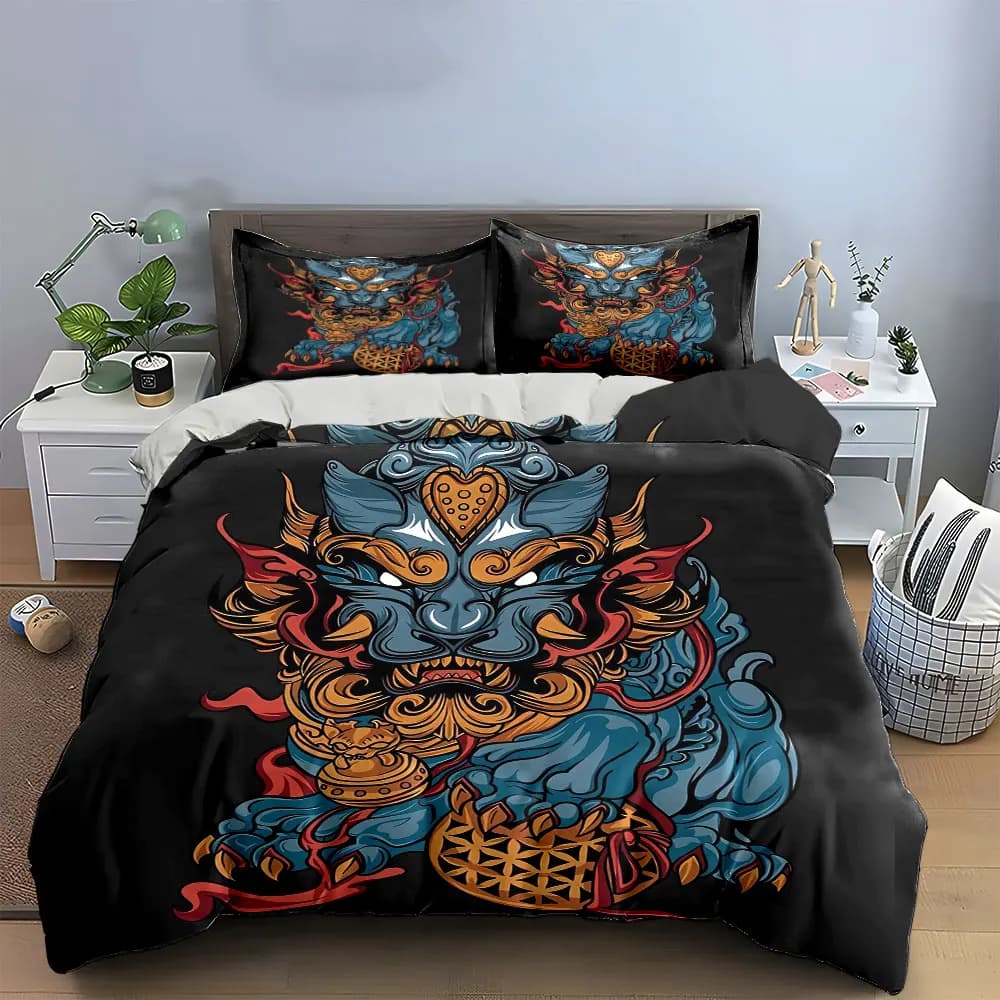 Set di biancheria da letto Oriental Lion Art Decor Set con 1 copripiumino e 2 federe, singolo, matrimoniale, king size, queen size, regalo