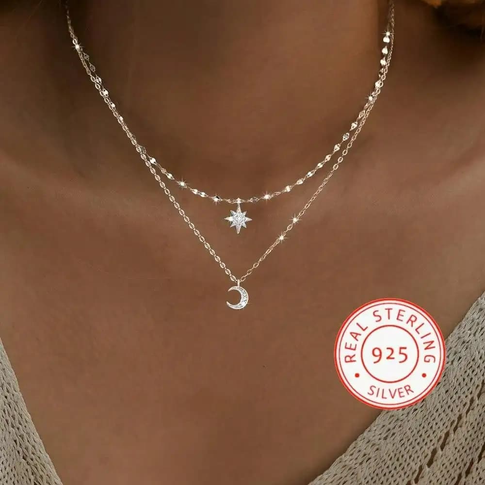 925 Sterling Silver Layered Necklace with Star and Moon Pendants for Women