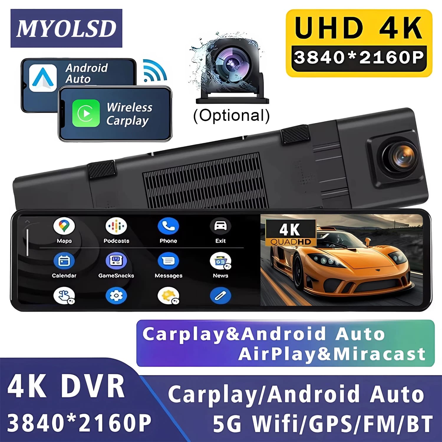 Dash Cam per Auto 11.26” 4K con Carplay e Android-Auto, Registratore Video a Doppia Lente, Specchietto Retrovisore con Telecamera, Wi-Fi 5G, GPS, BT, FM