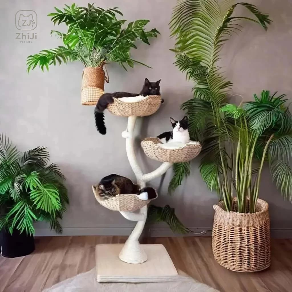 Tree-shaped cat tree for large cats with scratching board jumping platform and woven ideal for living room
