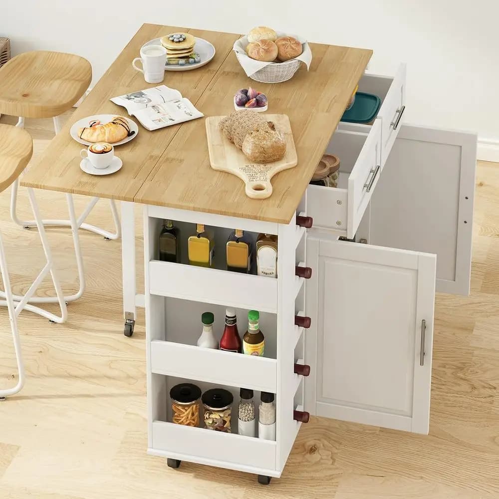 Carrello da cucina con ruote e portasciugamani, portaoggetti, portabottiglie, portaspezie e portasciugamani, bianco