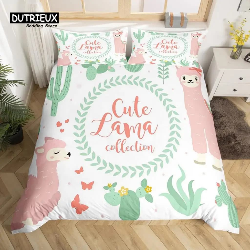 Cartoon Llama Alpaca Duvet Cover Cactus Bedding Set Cute Animal Comforter Cover Microfiber Botanical Bedspread Cover Twin Size