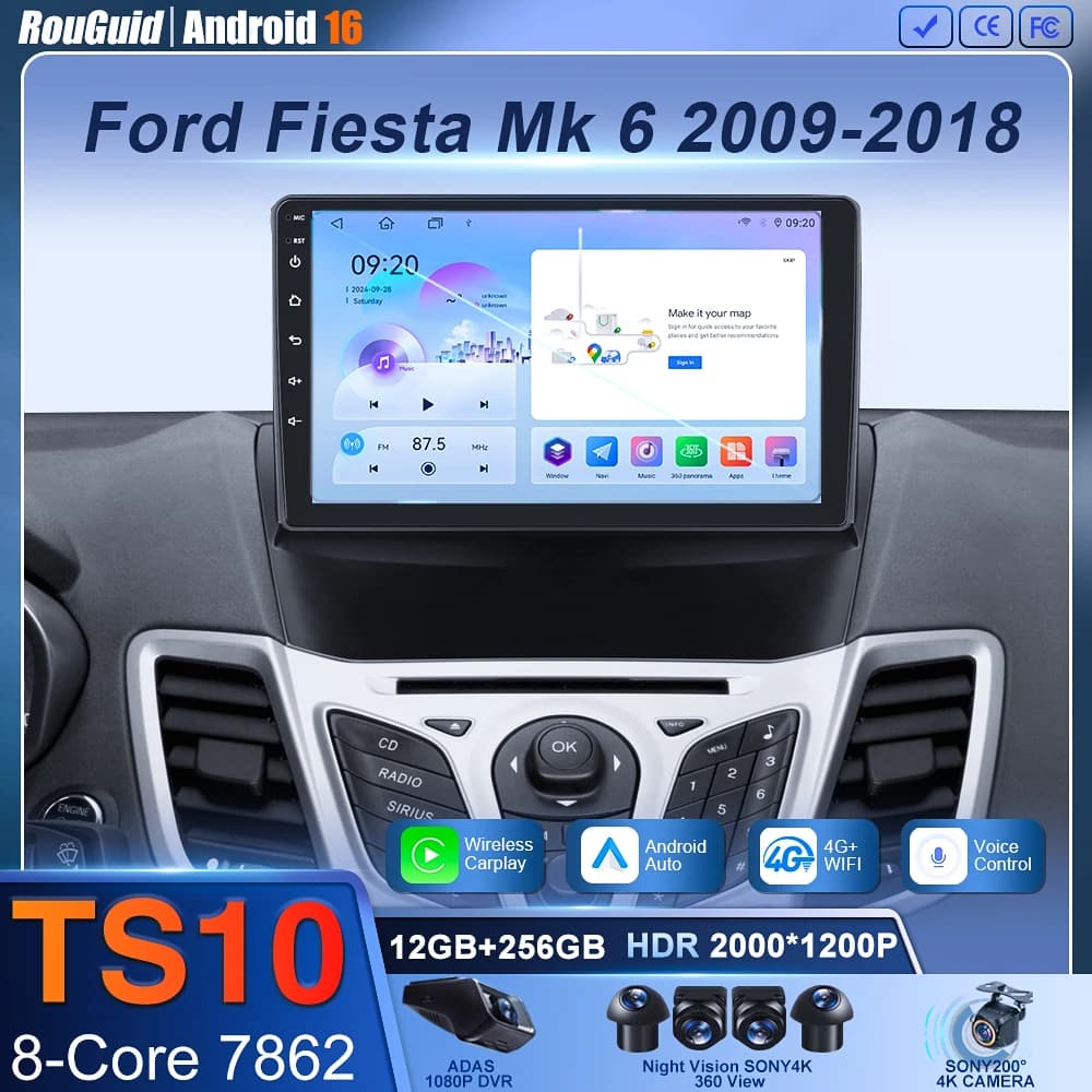 Android 16 Wireless Carplay For Ford Fiesta Mk 6 2008 - 2019 Car Radio Multimedia Player Head Unit GPS Navigation DSP Stereo 9"