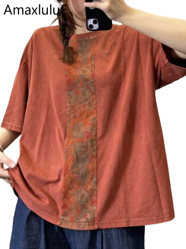 Amax LuluE Abbigliamento Cinese alla Moda T-shirt Casual Estiva da Donna 2026 Top Classico Vintage con Patchwork e Collo a O