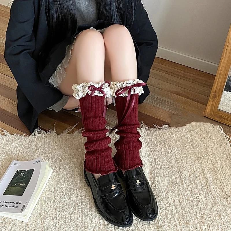 1 pair of Y2K lace shells with ribbon, woman's style, Lolita ballet style, for autumn winter, long JK knitted socks