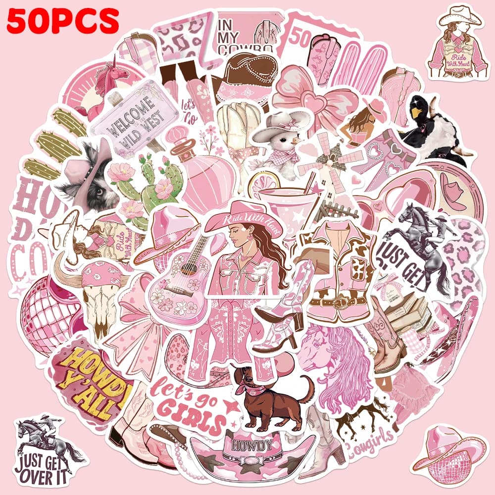 50 Adesivi Rosa da Cowgirl Impermeabili in Vinile, Sticker Western con Cavallo e Cactus per Telefono, Laptop, Scrapbook e Decorazioni Fai da Te
