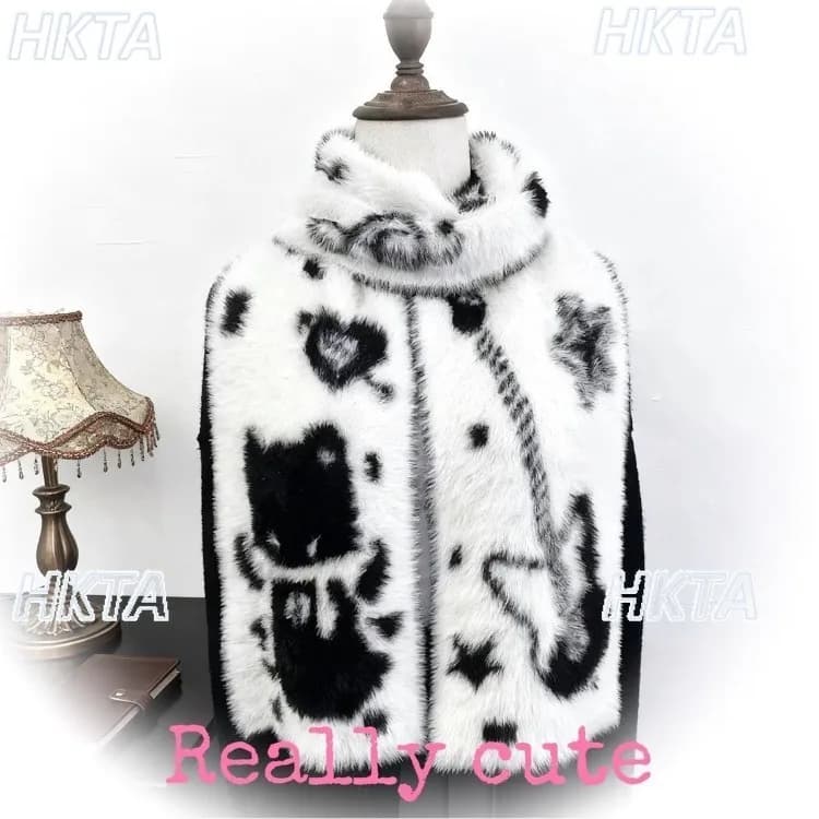 Chitarra musicale Simpatico cartone animato Gatto Nero Bianco Gotico Y2K Sciarpa in visone sintetico bifacciale Donna Inverno Nuova sciarpa calda versatile al collo