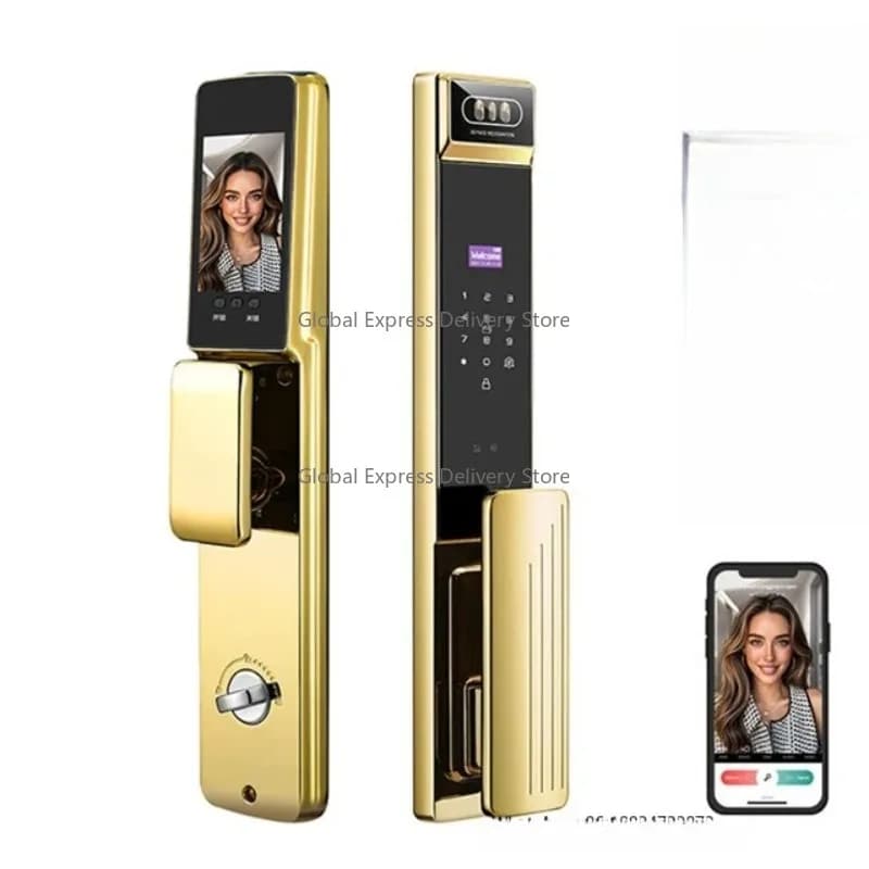Serratura digitale con riconoscimento facciale 3D automatico ad alta sicurezza con impronta digitale Rfid dorata Smart Door Lock con fotocamera per la casa