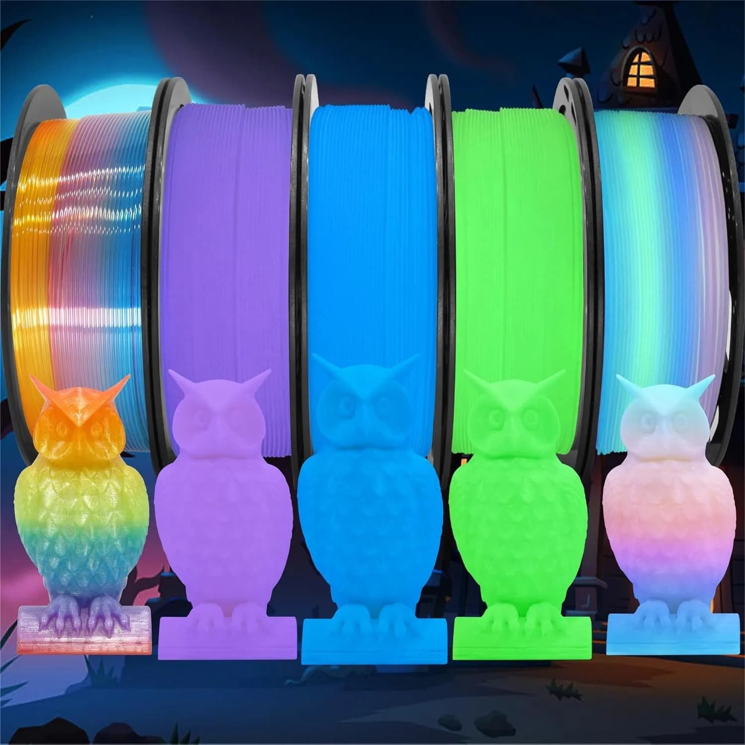 Filamento PLA 1,75mm per Stampante 3D, Set 5 Bobine da 250g Ciascuna, Fluorescente Verde Blu Viola Arcobaleno, 1,25kg Materiale per Stampa 3D