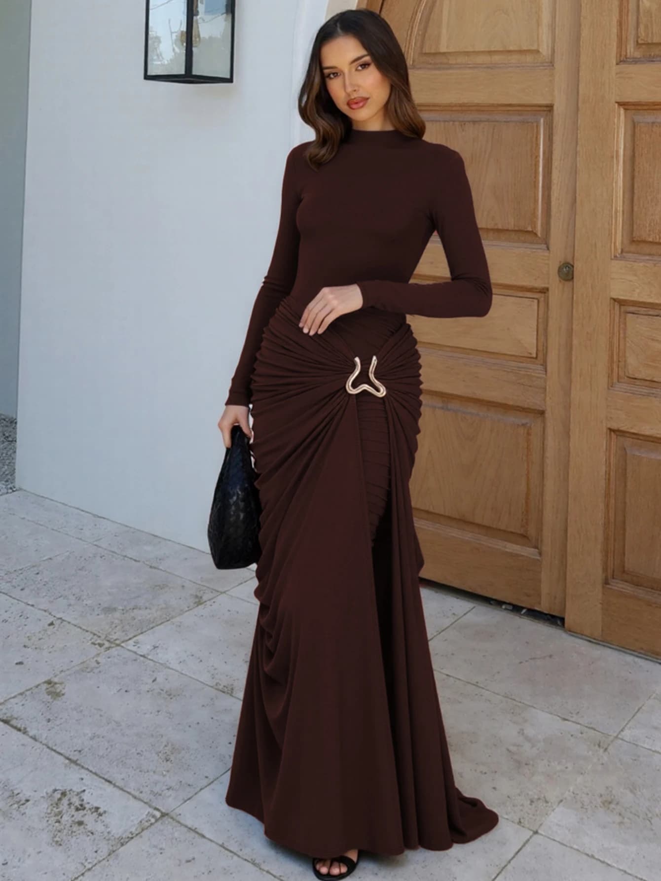Hugcitar Women Elegant Solid Long Sleeve Ruched Patchwork Sexy Bodycon Maxi Dress Winter Clothings Birthday Party Christmas