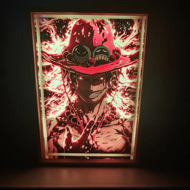 Blocco Acrilico One Piece Fire Fist Ace con Stampa HD, Blocco Cristallo Ispessito, Regalo con Cornice Fotografica Colorata Ricaricabile