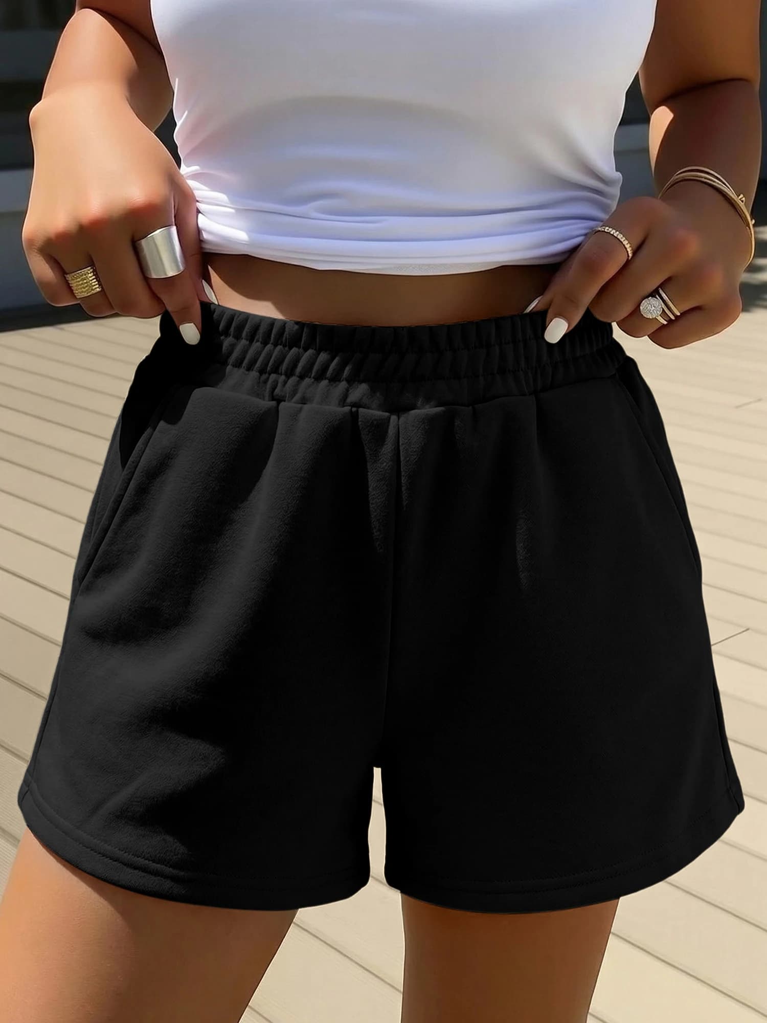 Women Solid Casual Sweat Shorts Elastic High Waist Loose Running Short Pants With Pockets Soft Workout Bottoms Daily Streetwear
