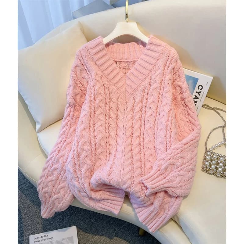 MEXZT Maglione Harajuku Moda donna oversize rosa scollo a V pullover lavorato a maglia coreano maglieria a maniche lunghe maglioni casual invernali