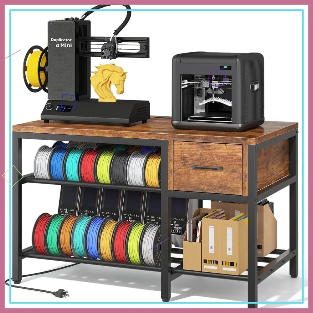 Supporto per Stampante 3D con Vano Porta Filamento – Tavolo in Metallo Resistente con Cassetto e Hub di Alimentazione per Officina