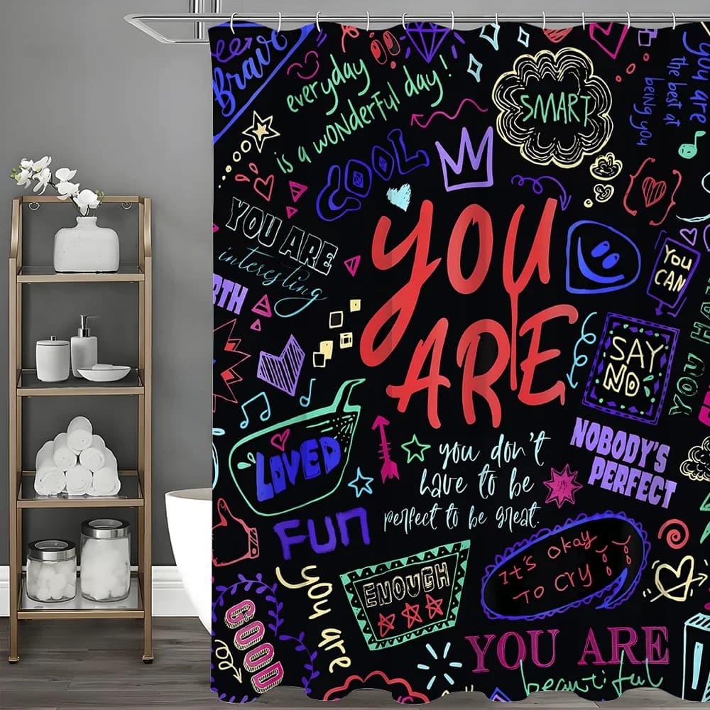 Tenda da doccia moderna con testo di graffiti artistici astratti, tenda da doccia decorativa per il bagno, tenda da doccia impermeabile con Ho