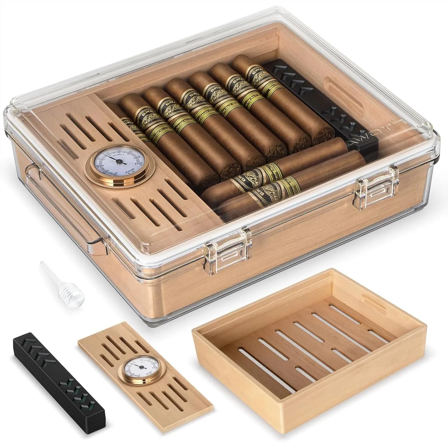 Humidor per Sigari in Acrilico con Igrometro e Umidificatore, Contiene 20-30 Sigari, Contenitore Trasparente da Scrivania