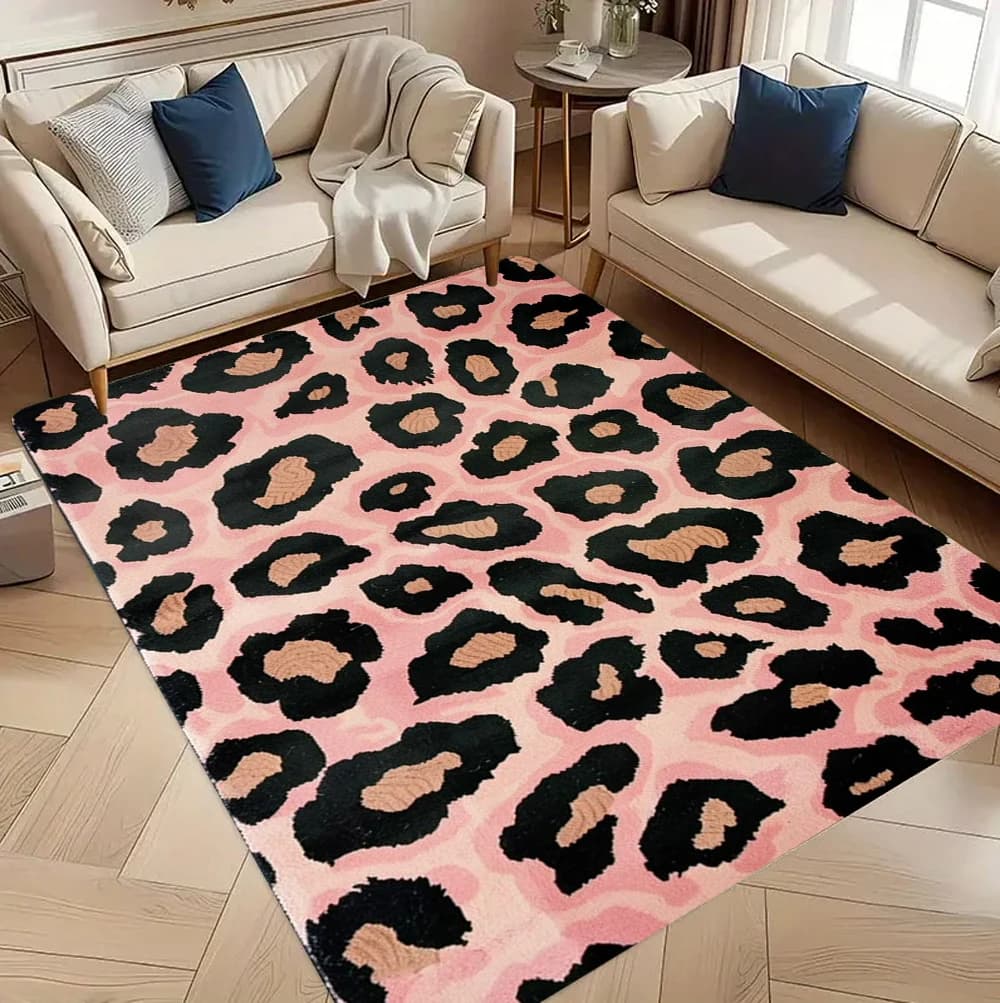Tappeto con Stampa Leopardata Rosa, Morbido Tappetino per Decorazione Camera da Letto Femminile, Soggiorno e Ingresso