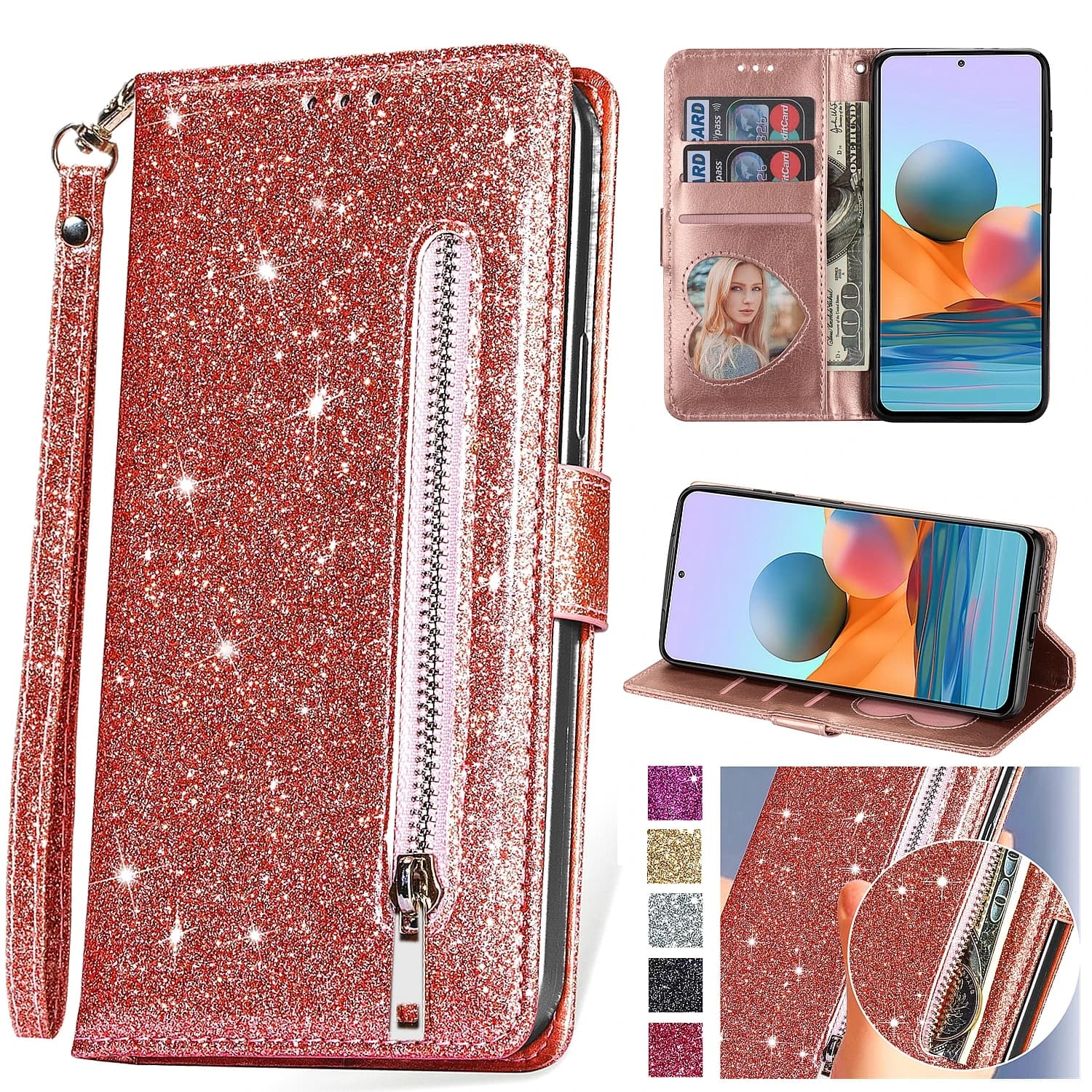 Custodia a Portafoglio in Pelle Glitterata con Cerniera per Xiaomi Redmi Note 15 14 13 Pro Plus 5G 15C 14C 13C 12C Mi 15T Pro con Scomparti per Carte