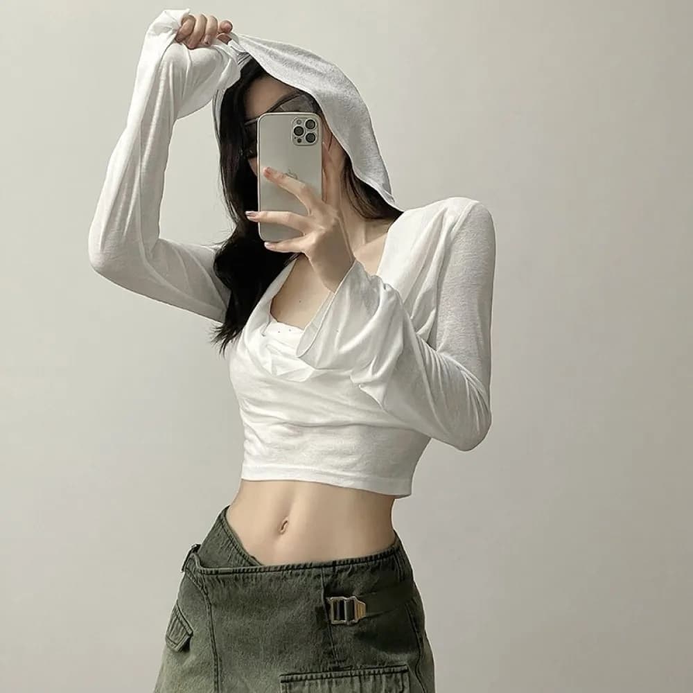 SylCue Casual Hooded Crop Tops Women Summer Trend Ruched Full Sleeve Solid Skinny Elegant Simple Comfortable T-Shirts Streetwear