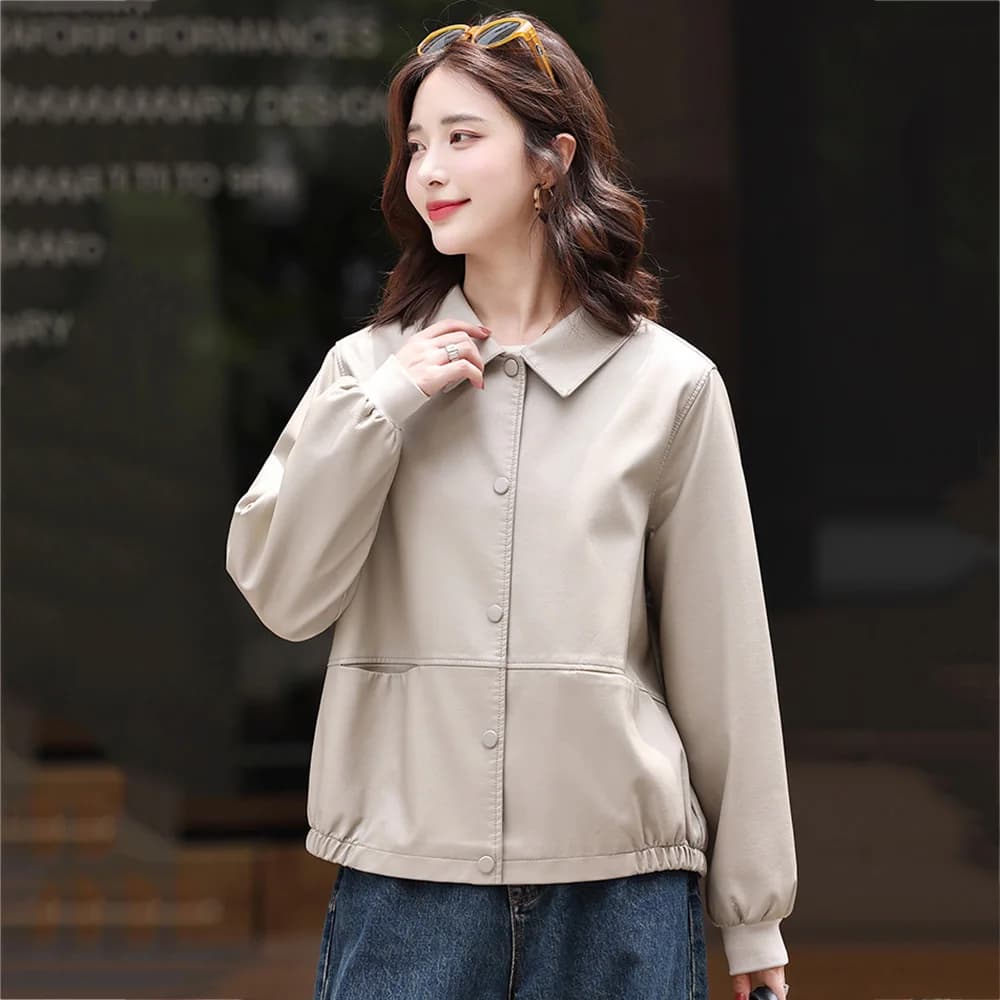 Nuovo Donne Sciolto Pelle divisa Giacca Primavera Autunno Moda Colletto risvoltato Manica lunga Cappotto di pelle casual Giacca di base Donna