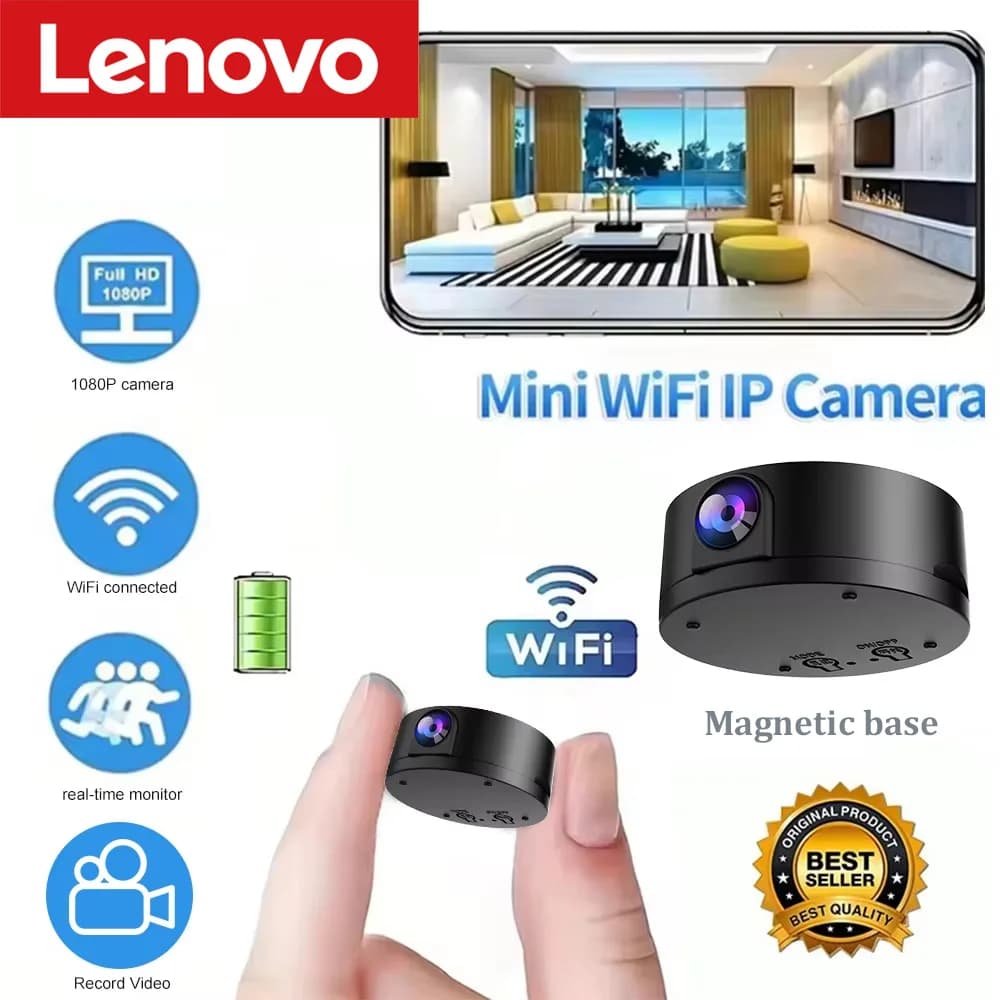 Telecamera Wireless WIFI Lenovo HD 1080p, Mini Telecamera con Visione Notturna, Rilevatore di Movimento e Suono, Angolo Ampio 170 Gradi, Micro Baby Monitor
