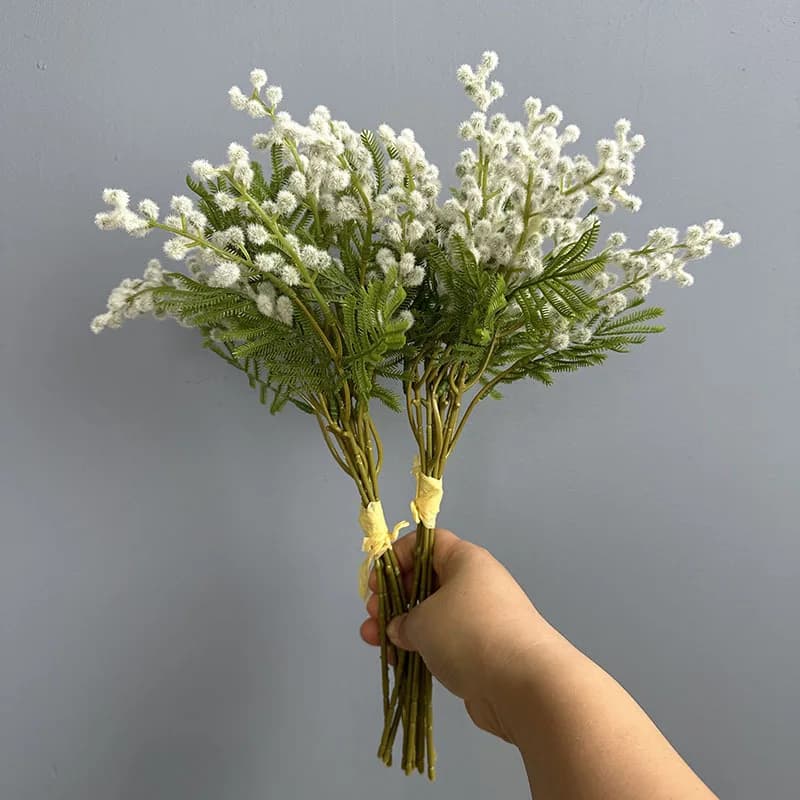 Artificial Acacia Spiny Ball Flowers Flocking Green Plant Floral Wedding Decoration Simulation White Acacia Beans Bouquet