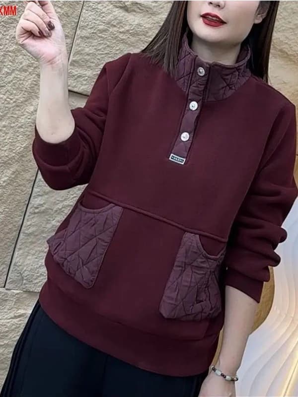 Women's Hoodie Double-Sided Fleece Casual Loose Thickened Stand Collar Top Diamond Pocket Splicing Versatile Autumn Winter Ne...