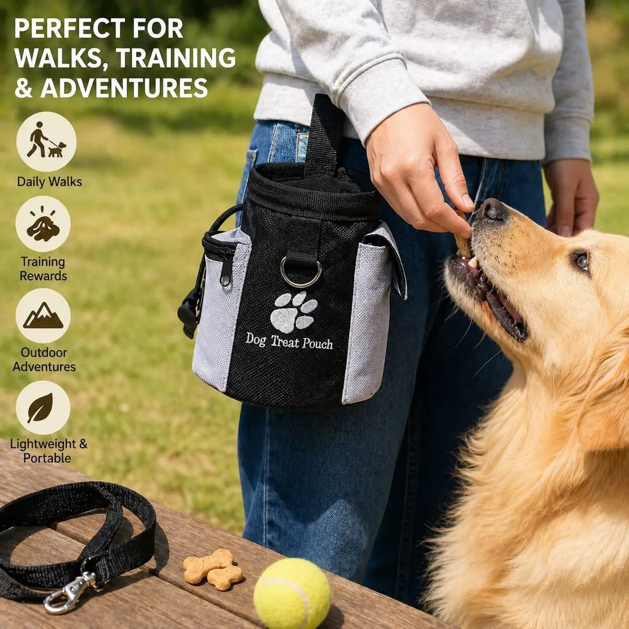Portable Waterproof Oxford Cloth Dog Treat Training Waist Bag, Drawstring Zipper Pet Snack Storage Pouch with Clip Pocket