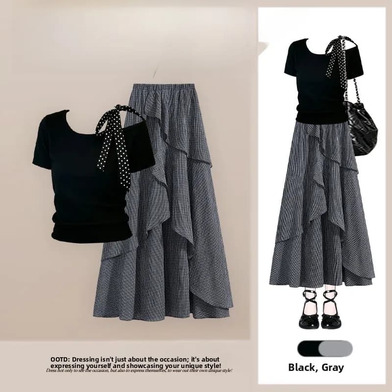 Summer Slimming Short Style Design Sensation Hot Girl Casual High Waist Skirt Two-Piece Set Fashionable Women's Ensemble