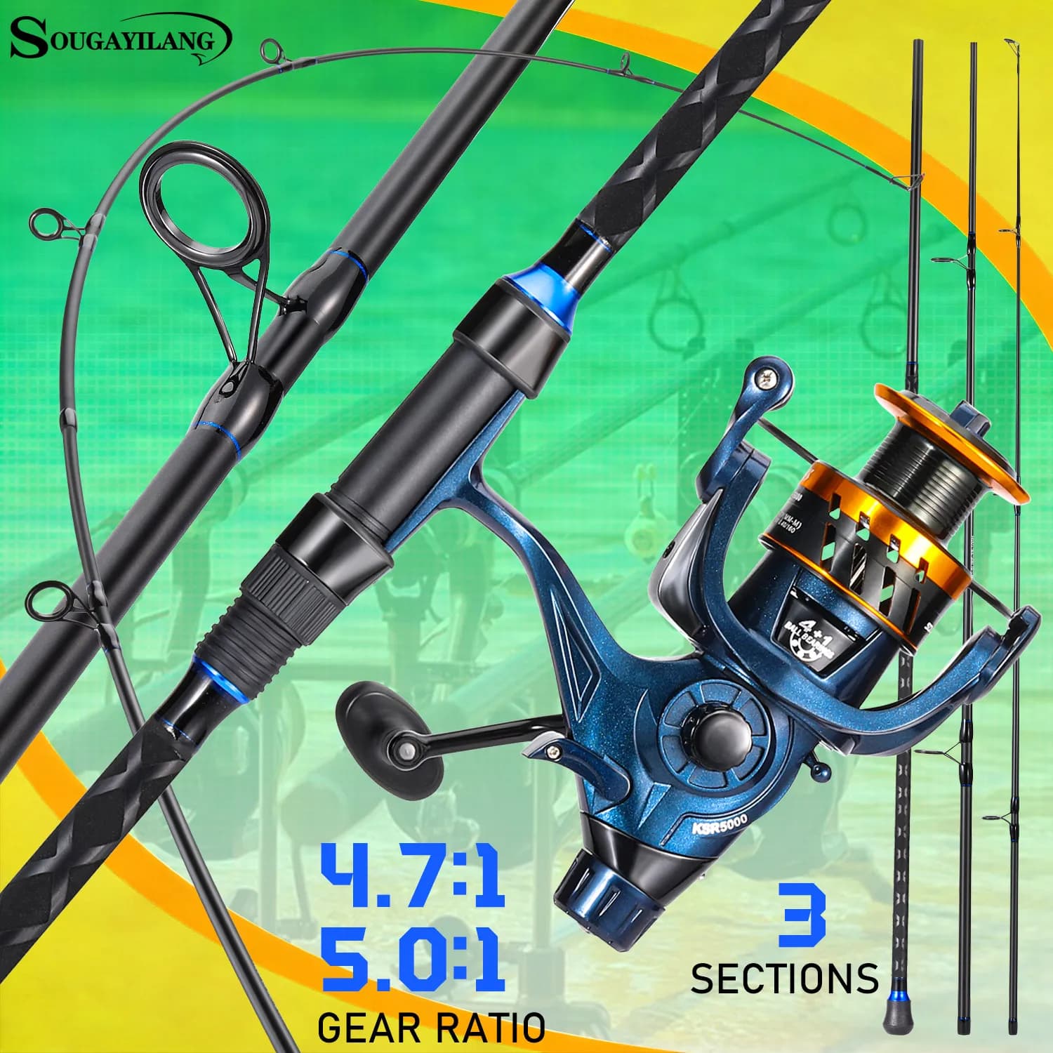 Sougayilang Canna da Pesca Surfcasting in 3 Sezioni con Mulinello, Canna in Fibra di Carbonio con Mulinello 4000-7000, Frizione Massima 10KG per Pesca in Acqua Salata
