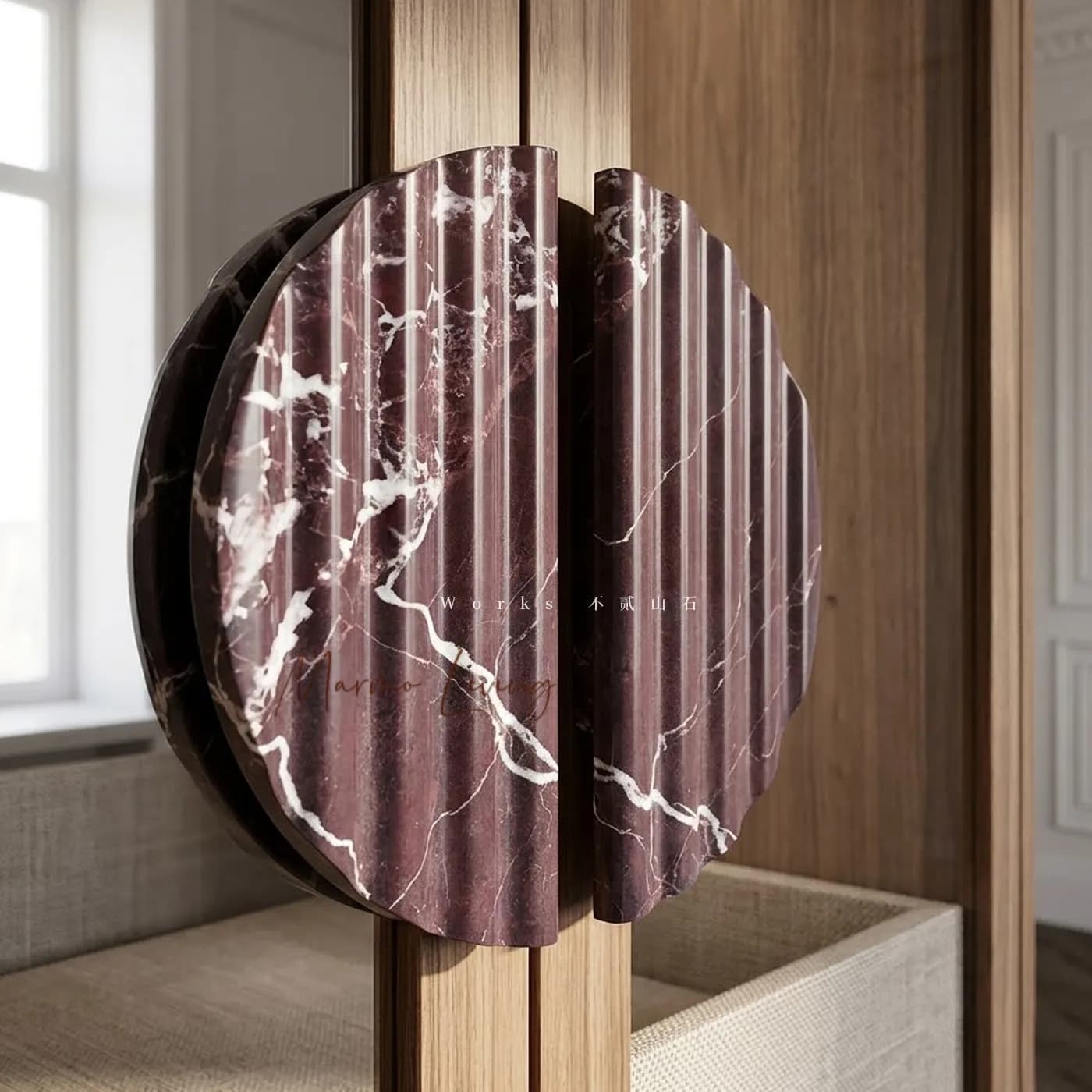 High End Rosso Stone Handle Semi Ridge Shell Marble Handle Cabinet Handle Wabi Sabi Door Knob Drawer Pull Villa Hotel