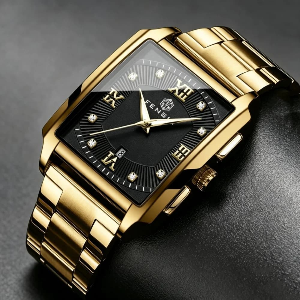 Quartz watch with square dial, steel bracelet studded with diamonds, waterproof, with calendar function and Roman numerals, discreet luxury style and high range, scratch-resistant and wear-resistant glass, precise timing, successful model in European and American style, the best gift for him.