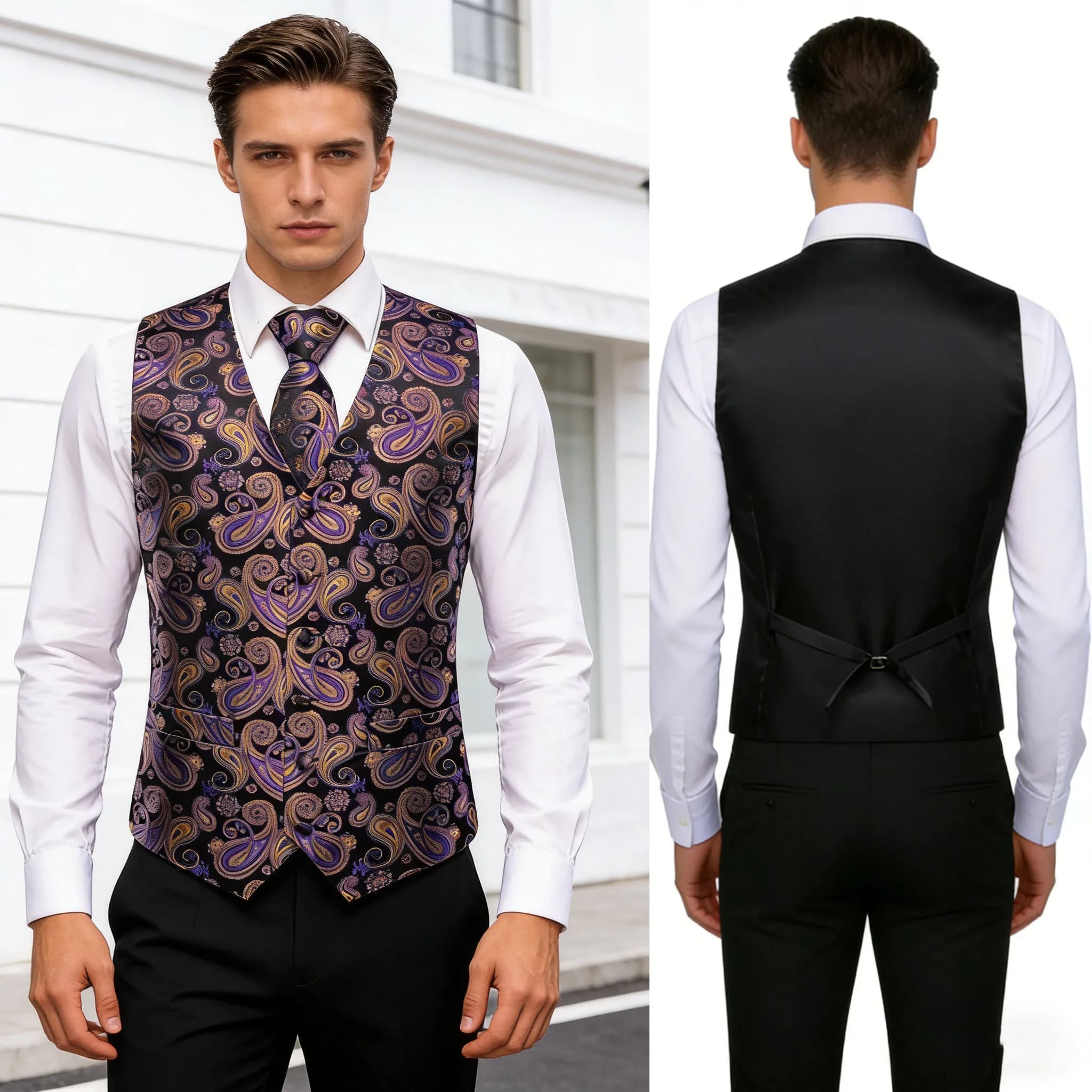 Set Completo da Uomo Paisley: Gilet, Cravatta, Fazzoletto e Gemelli Viola - Perfetto per Matrimoni e Affari