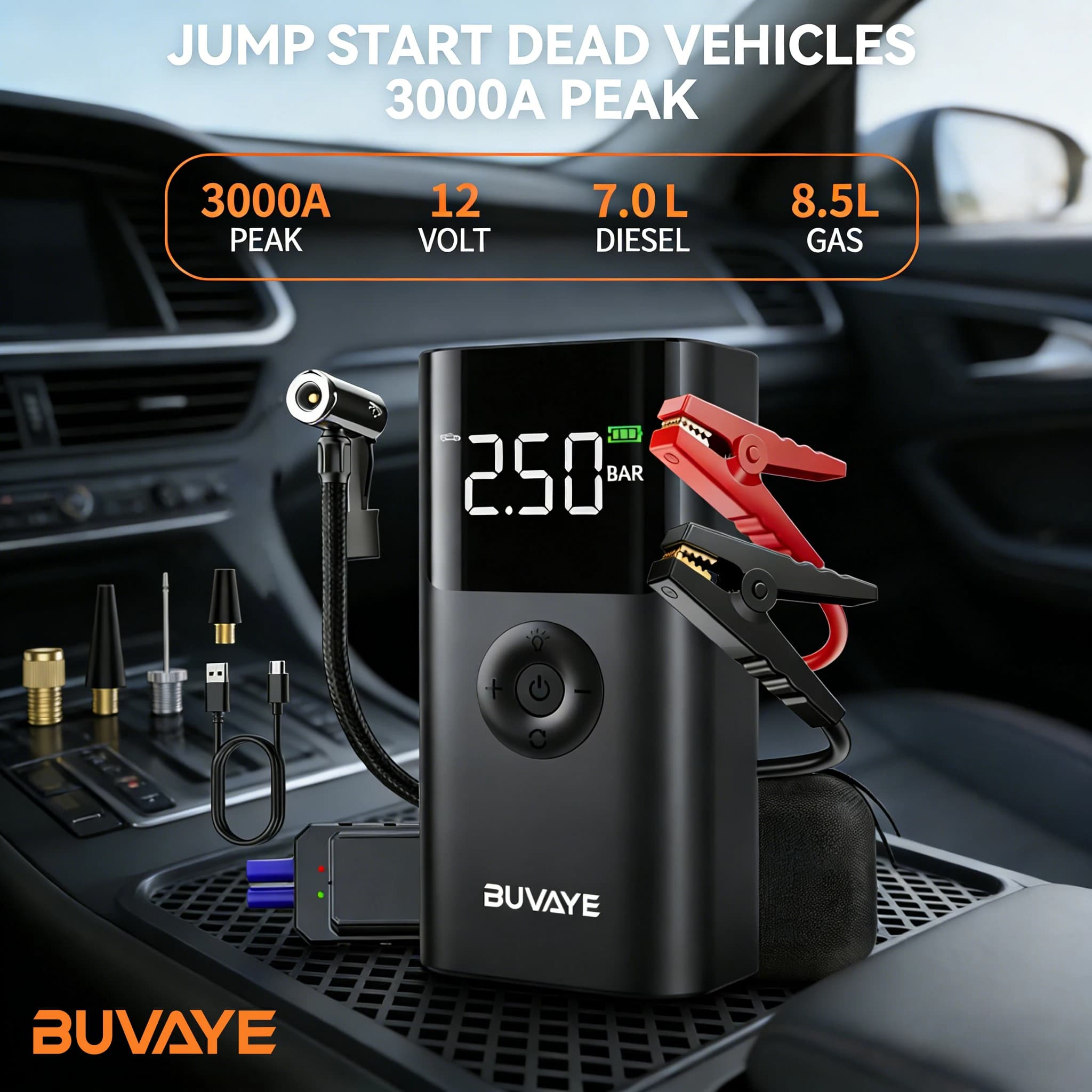 Avviatore di Emergenza per Auto BUVAYE 12V con Compressore d'Aria 150PSI, Power Bank Portatile e Gonfiatore Pneumatici