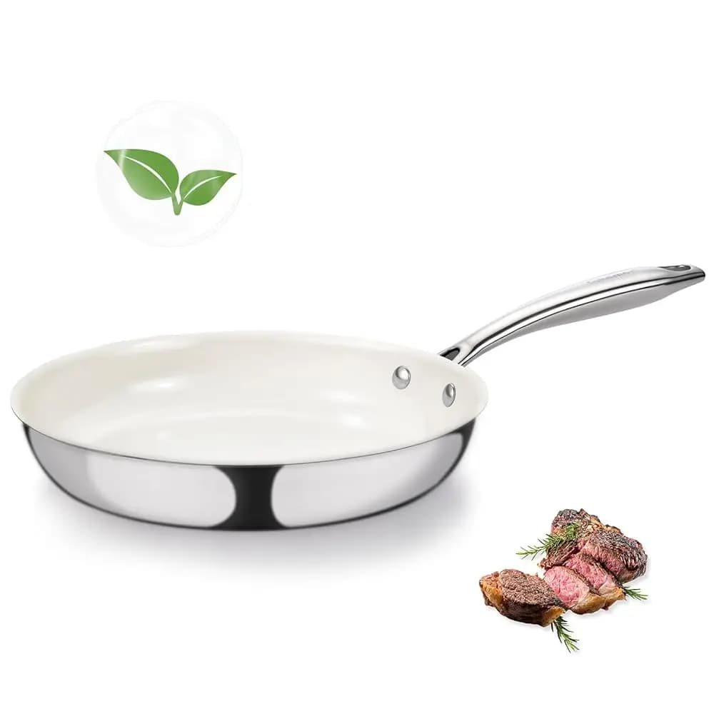 Padella in Acciaio Inox Tri-Ply da 8 Pollici, Antiaderente in Ceramica, con Manico Isolante, Non Tossica, Senza PFAS, PFOA e PTFE