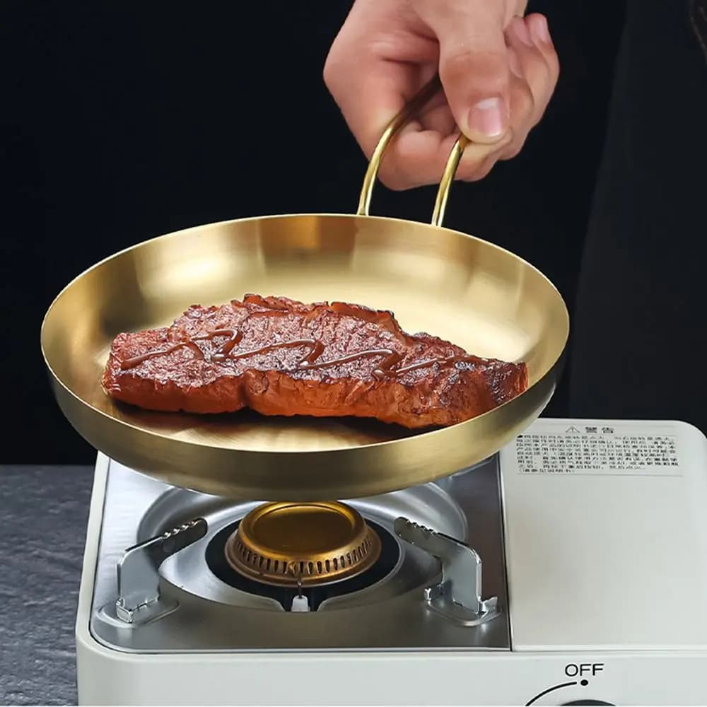Easy To Clean 18/20cm Stainless Steel Frying Pan Flat Bottom Golden/Sliver Serving Plate Round Handled Snack Dish Barbecue