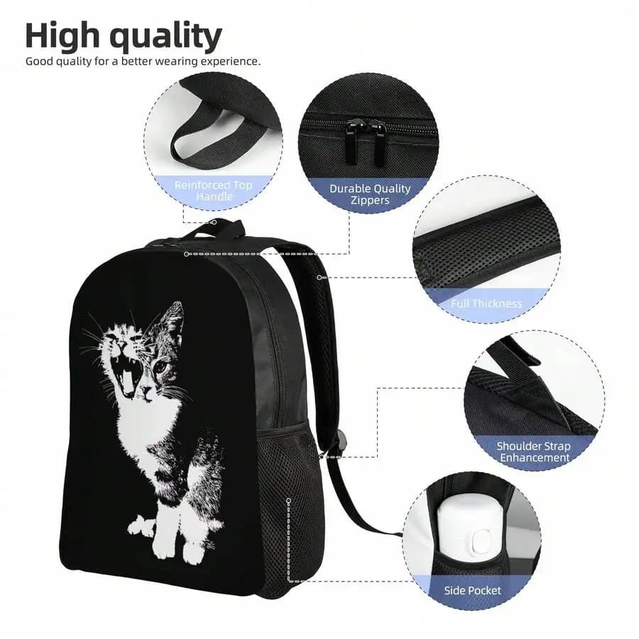 Black Cat Print Backpack With Reinforced Handle And Durable Zippers