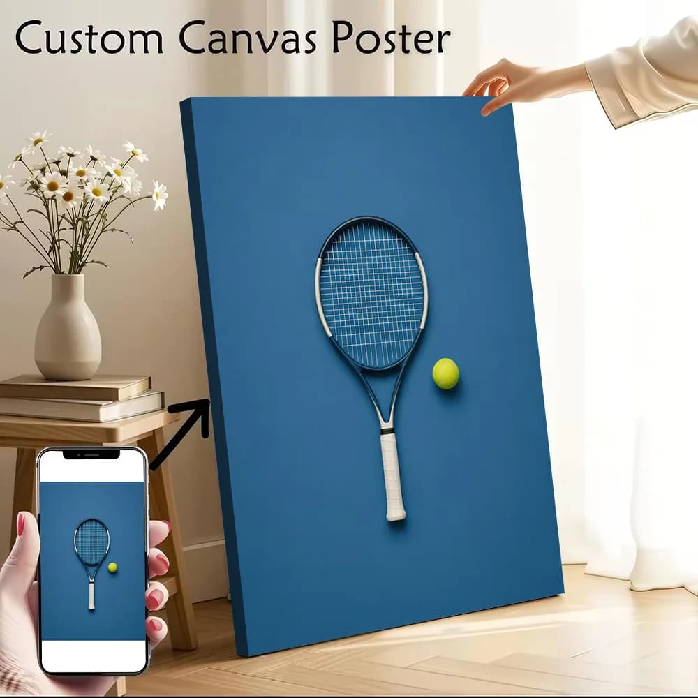 Tennis Racket and Ball on Blue - Minimalist Tennis Canvas Poster Wall Art Customizable High Quality Printed Picture for Painting