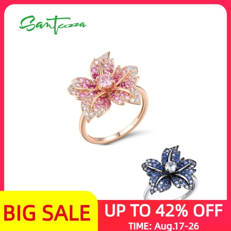 SANTUZZA Genuino Anello In Argento Sterling 925 Per Le Donne Scintillante Blu Rosa Pietra Bianca CZ Fiore di Giglio di Lusso Da Sposa Gioielleria Raffinata