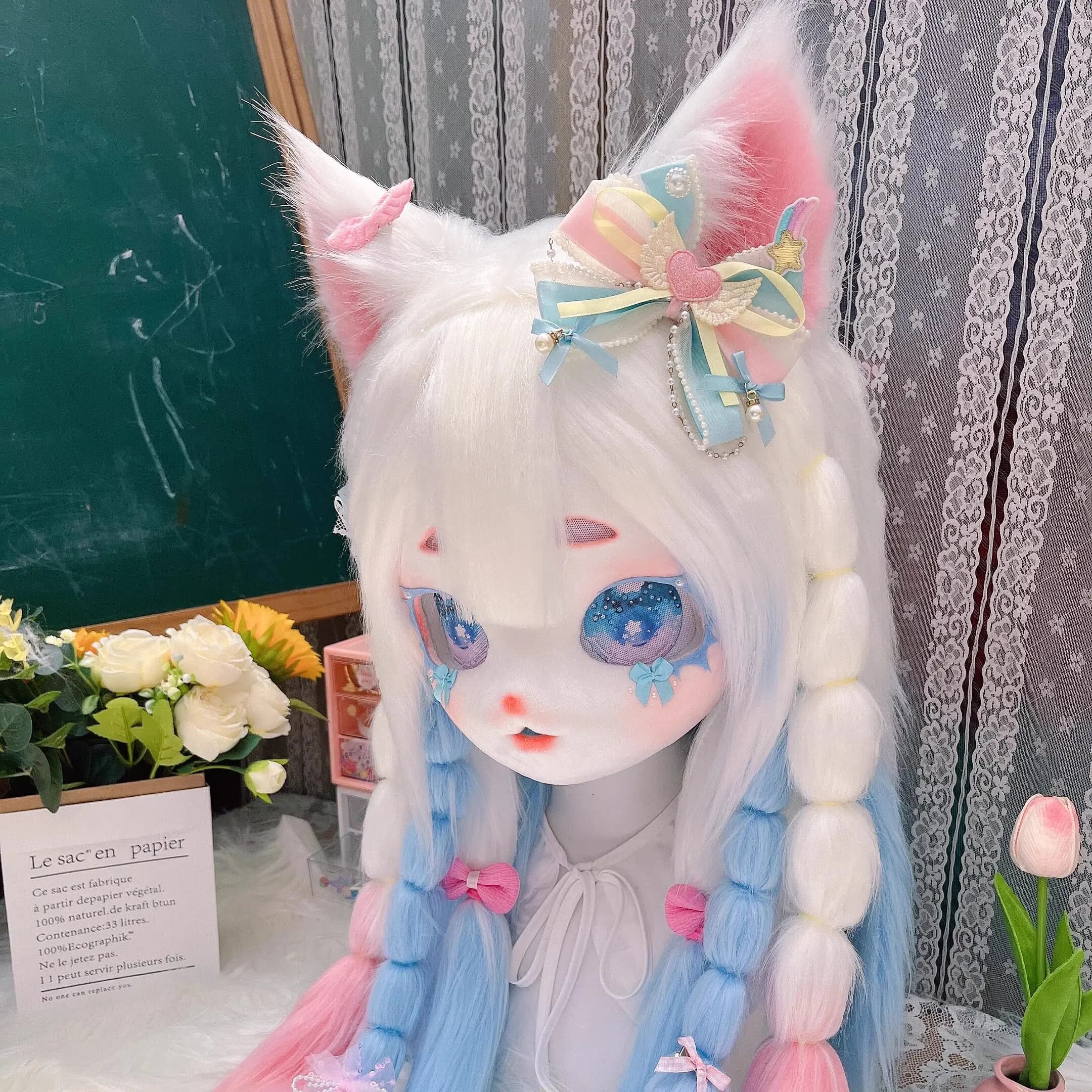 Kawaii Pastel Cat Fursuit Partial Head Colorful Bow Ornament Plush Furry Animal Cosplay Halloween Outfit