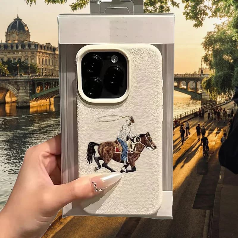 Retro Cowboy Riding Horse Imitation Leather Phone Case for iPhone 17 Air 16 E 15 14 Plus 13 12 11 Pro Max XS Max Silicone Cover