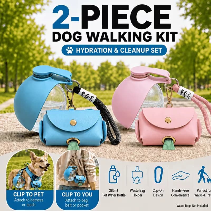 2‑Piece Dog Walking Kit, Portable Pet Water Bottle with Poop Bag Holder, Clip‑on Design for Harness Backpack, Hands‑Free Outdoor