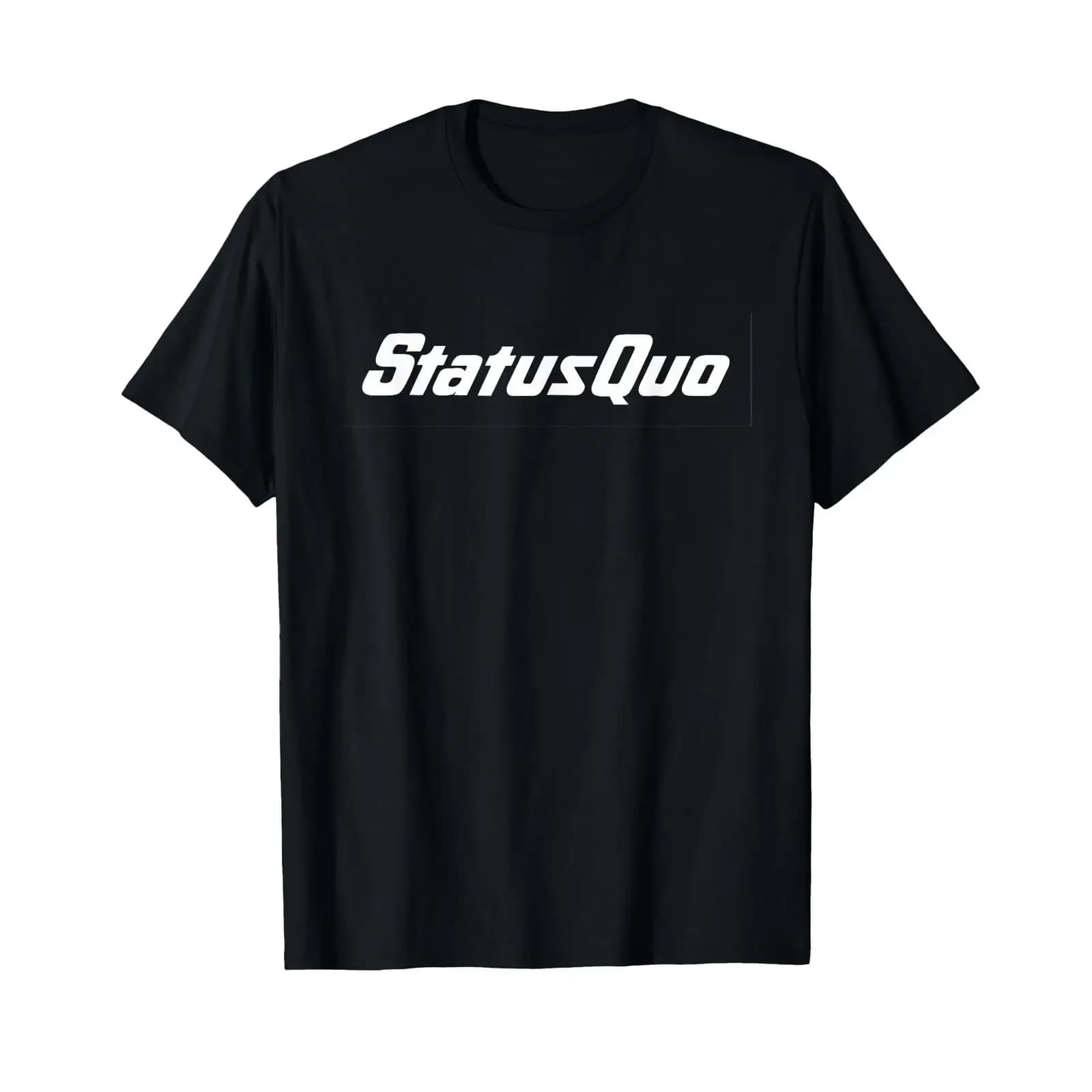 T-shirt Status Quo bianca con logo nero, vintage, effetto lavato, elasticizzata, abbigliamento firmato, moda unisex, grafica, comoda, streetwear