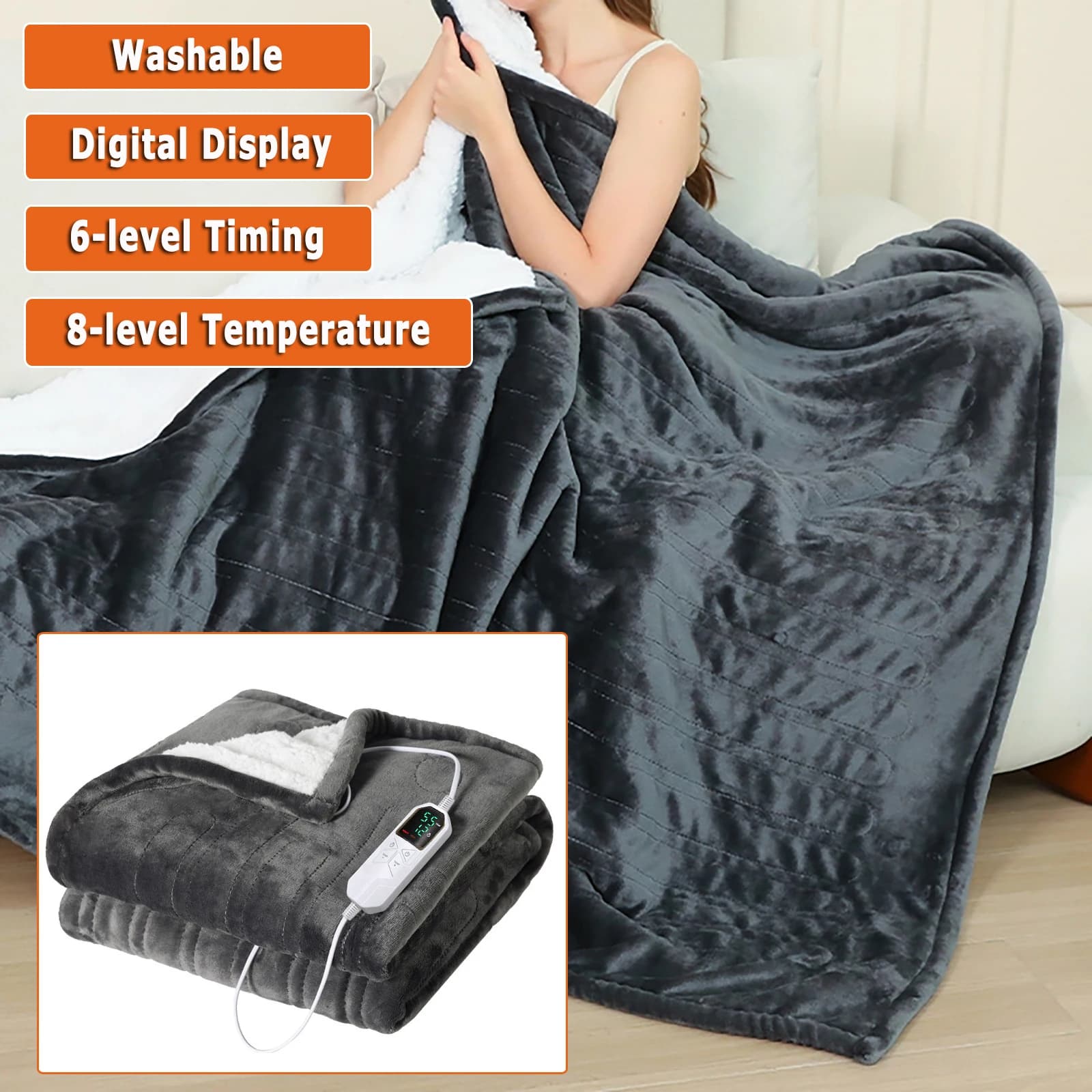 Coperta elettrica lavabile in fibra di carbonio Riscaldamento a infrarossi lontani Coperta morbida in flanella 8 livelli di riscaldamento Spegnimento automatico temporizzato 12 ore